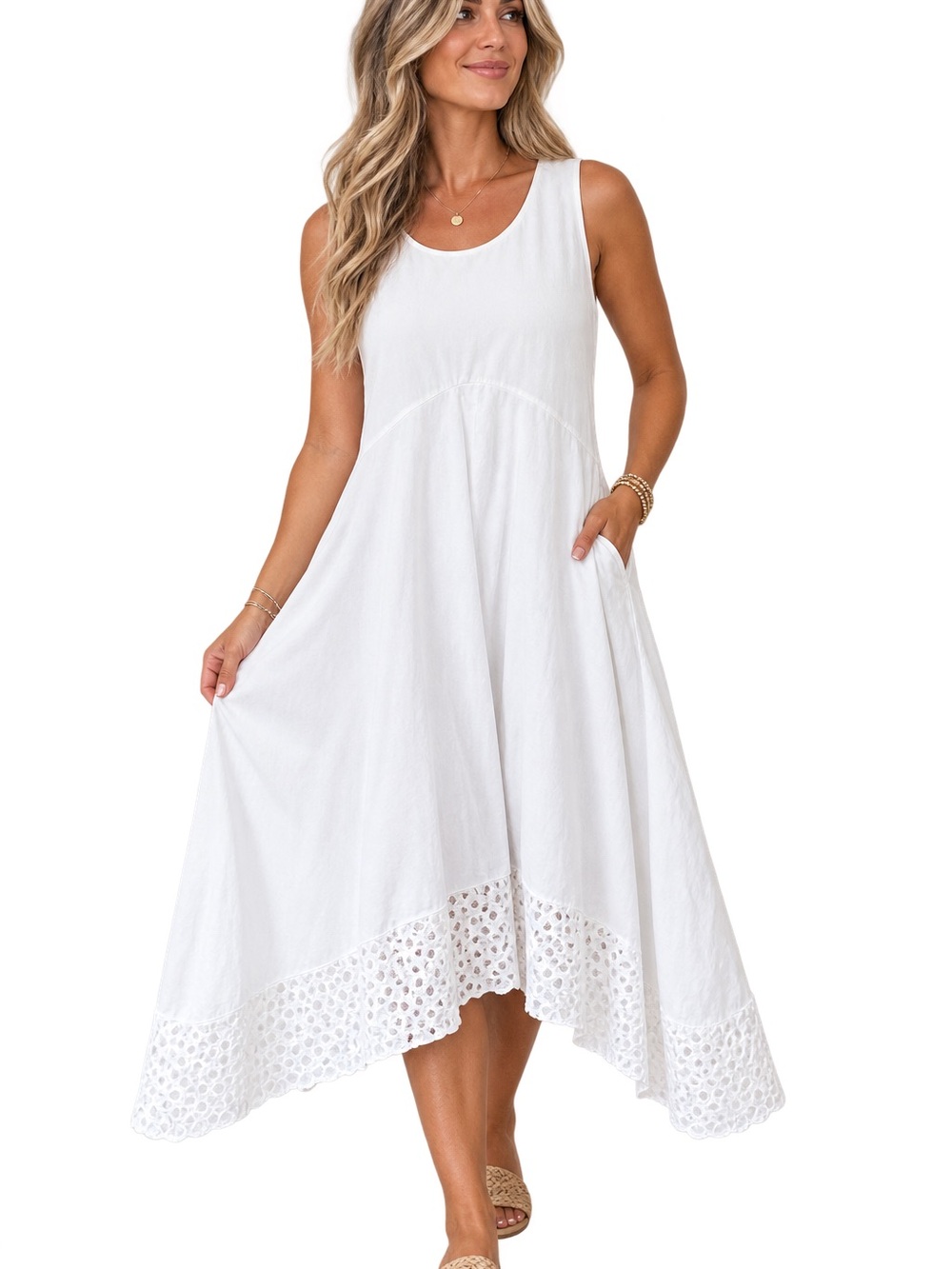 Nanette Lepore White Midi Sundress with Eyelet Hem